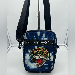 ED HARDY Blue Tie Dye Graphic Tiger Nylon Crossbody Bag Unisex